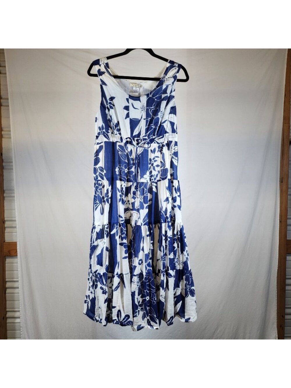 Vasna Desire Sleeveless Midi Sundress LP Blue Floral Tie Waist Tier Coastal Airy